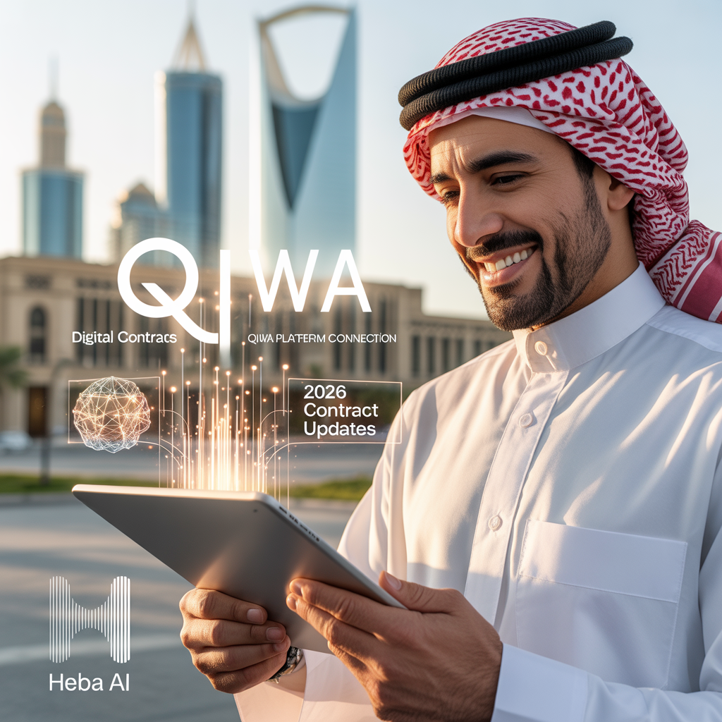 رجل سعودي يستخدم جهاز تابلت لتحديث عقود العمل عبر منصة قوى 2026 باستخدام تقنيات هبة AI.