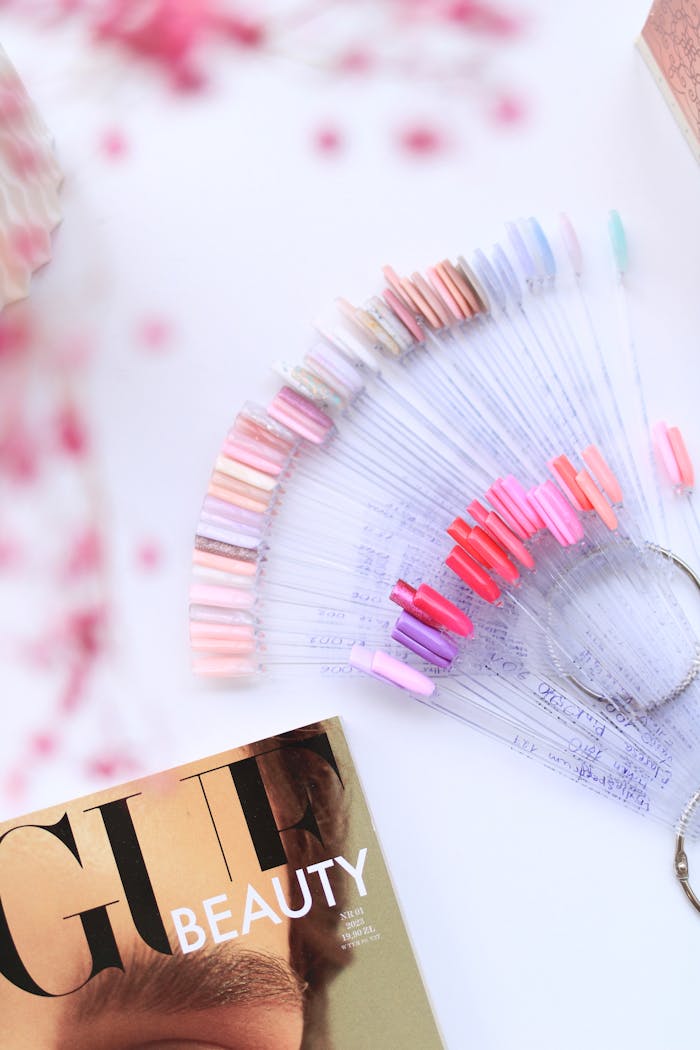 Vibrant nail polish swatches displayed with a fashion magazine, perfect for beauty and lifestyle themes.